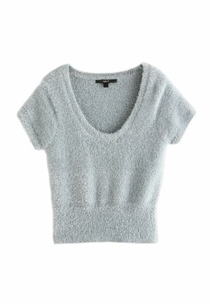 Hellgrauer, kurzärmeliger Pullover mit tiefem V-Ausschnitt. Weiche, flauschige Textur mit schmalem Saum. Etikett trägt die Aufschrift "NEXT".
