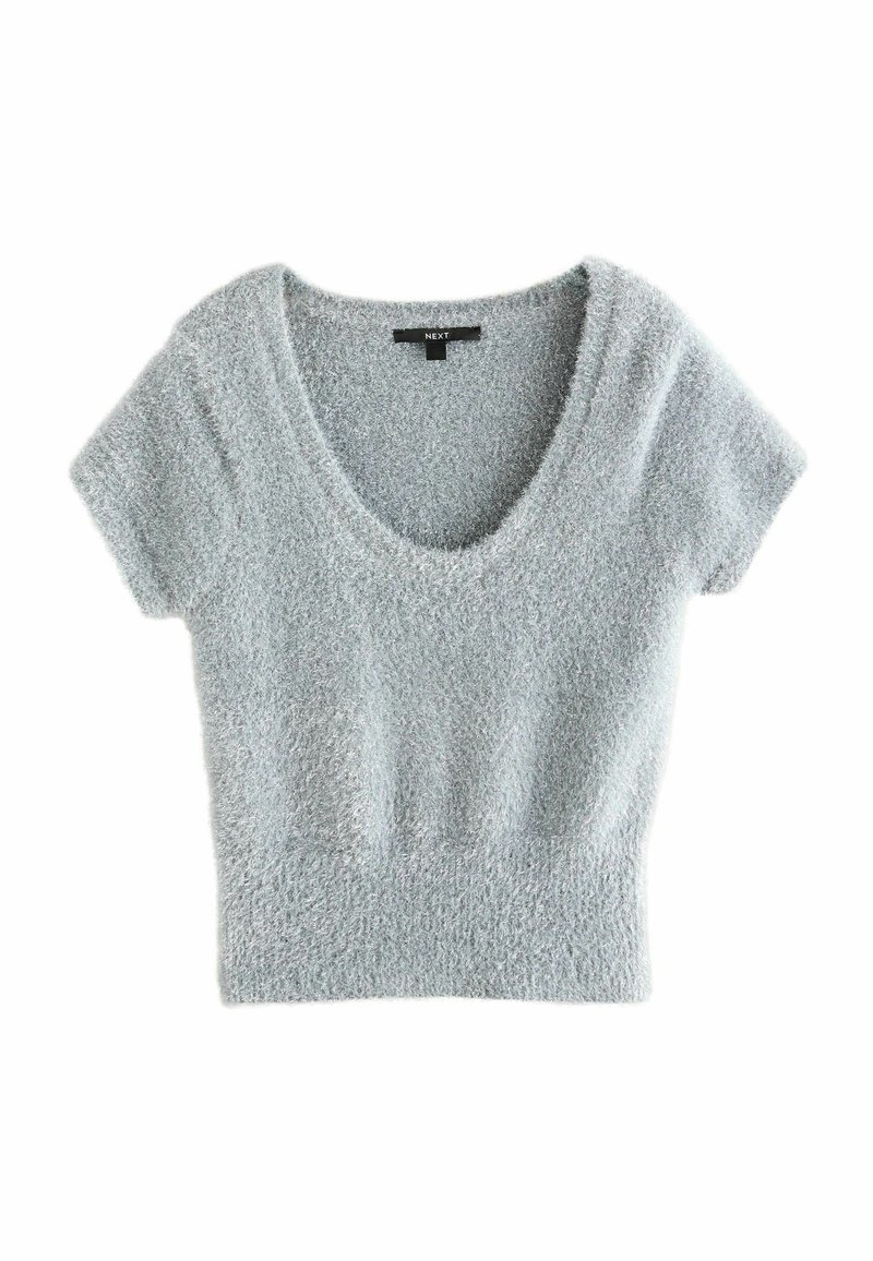 Hellgrauer, kurzärmeliger Pullover mit tiefem V-Ausschnitt. Weiche, flauschige Textur mit schmalem Saum. Etikett trägt die Aufschrift "NEXT".