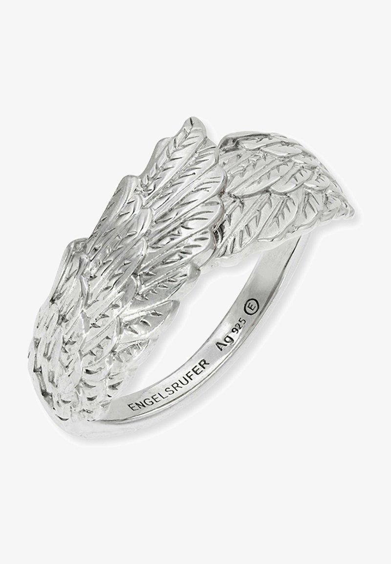 Silberring mit einem doppelte Blattdesign und ausgefeilten Gravuren. Glatter Band, markiert mit "ENGELSRUFER" und Silberreinheit.