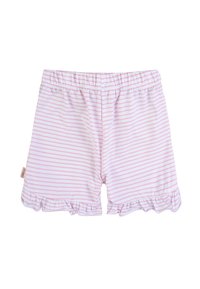 Shorts di cotone a righe rosa con orlo arricciato e vita elastica. Le righe verticali presentano tonalità di rosa chiaro e scuro.