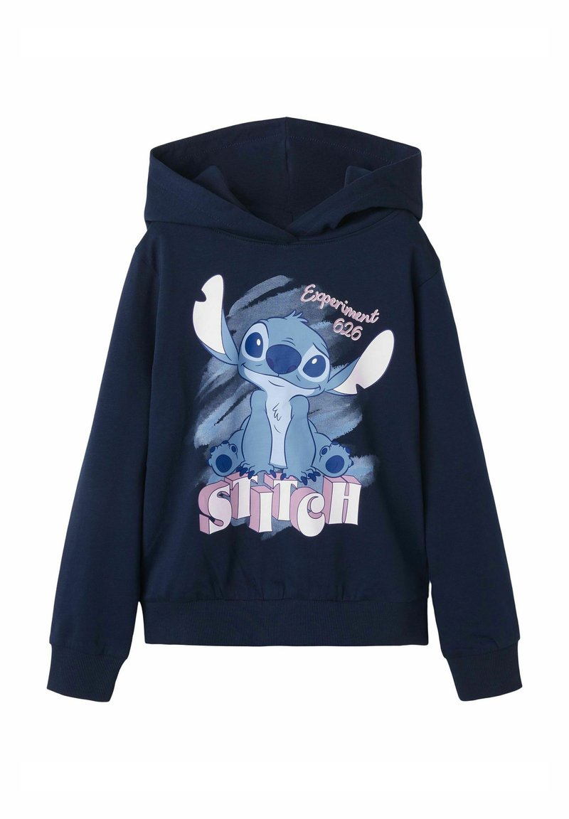 Sudadera azul marino con un estampado gráfico de Stitch, con el texto "Experimento 626" y un acento rosa en letras negritas. Tejido suave, mangas largas.