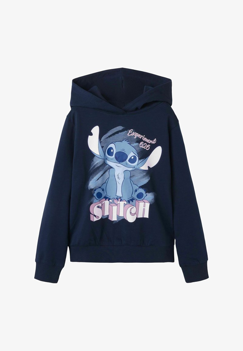 Tamnomo modri pulover s kapuco z grafičnim tiskom Lilo in Stitch, besedilom "Eksperiment 626" in v rožnati barvi v debeli pisavi. Mehek material, dolgi rokavi.