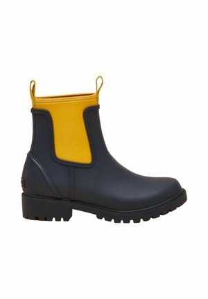 Black ankle rain boot with yellow elastic side panels and pull tabs, rugged sole, and smooth matte finish.