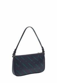 sac à main synthétique bleu marine avec une sangle courbée, fermeture éclair, et motif de texte vert répété portant l'inscription "LIEBESKIND BERLIN." Texture lisse.