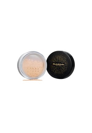 Polvere translucida in un barattolo di plastica trasparente con coperchio nero, decorato con punti dorati e etichetta "Elizabeth Arden"; include polvere sfusa.