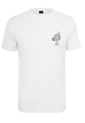 Hvid bomulds T-shirt med rund halsudskæring. Har et sort løvegrafik og "Leo" tekst på venstre brystområde. Korte ærmer, normal pasform.