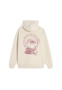 Kremfarvet hættetrøje med stort lyserødt motiv, der forestiller et øje inde i en knust sneglobus. Har snørre i hætten og ribbede ærmekanter.