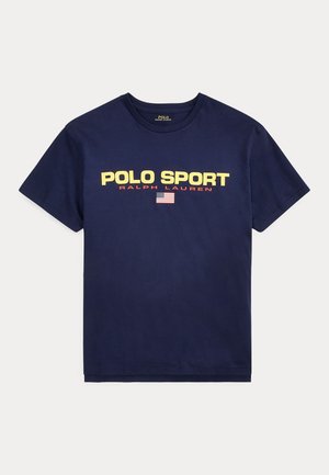 Marineblaue Baumwoll-T-Shirt mit kurzen Ärmeln, das "POLO SPORT" und "RALPH LAUREN" in gelber und roter Schrift zeigt, sowie einem kleinen Detail der amerikanischen Flagge.