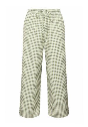 Wide-leg drawstring pants with green and white gingham check pattern, elastic waistband, and side pockets.