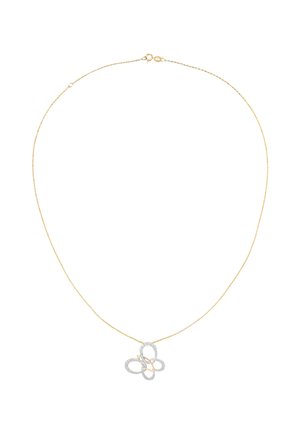 Goldene Halskette mit einem abstrakten Schmetterlingsanhänger, verziert mit silbernen Akzenten und einer strukturierten Oberfläche, geschmückt mit kleinen klaren Steinen.