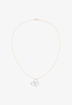 Kuldne kaelakee, millel on abstraktse liblika ripats hõbedaste aksessuaaride ja tekstureeritud viimistlusega, kaunistatud väikeste selgete kividega.