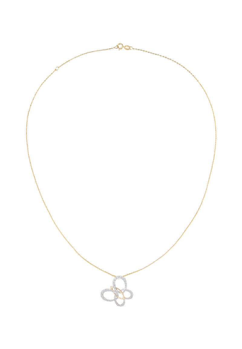 Collar de cadena de oro con un colgante de mariposa abstracta con acentos en plata y un acabado texturizado, adornado con pequeñas piedras transparentes.