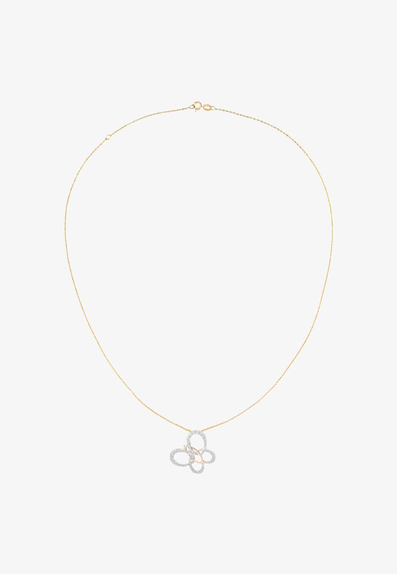 Collana in oro con pendente a forma di farfalla astratta con accenti argentati e finitura strutturata, decorata con piccole pietre trasparenti.