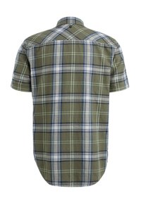 Korte mouwen geruite shirt in olijfgroen met witte en marineblauwe lijnen, voorzien van een button-down kraag en een gebogen zoom. Gelaagd stof.