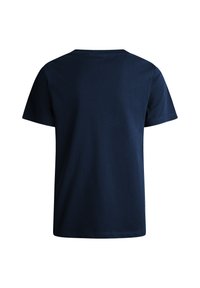 T-shirt in cotone blu navy con scollatura rotonda e maniche corte; texture liscia, senza schemi o decorazioni visibili. Vista posteriore mostrata.