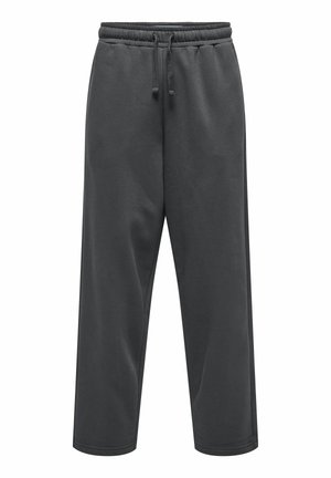 Pantalon de jogging gris foncé à jambes droites avec taille élastique et cordon de serrage, fabriqué en tissu doux pour un usage décontracté.