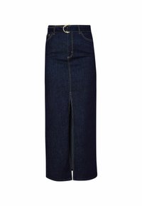 Gonna midi in denim blu scuro con una fessura frontale. Caratterizzata da un design classico, passanti per cintura e cuciture gialle per un tocco di dettaglio in più.