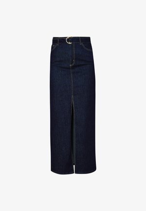 Gonna midi in denim blu scuro con una fessura frontale. Caratterizzata da un design classico, passanti per cintura e cuciture gialle per un tocco di dettaglio in più.