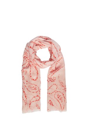 Foulard rose clair avec un motif paisley orange. Tissu doux et léger avec une texture lisse. Les bords sont légèrement effilochés.