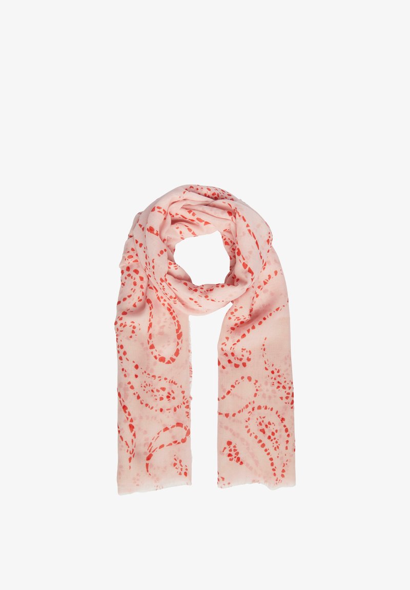 Foulard rose clair avec un motif paisley orange. Tissu doux et léger avec une texture lisse. Les bords sont légèrement effilochés.