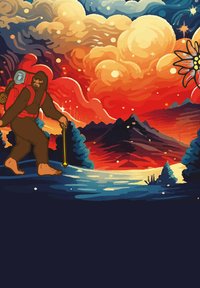Personnage de Sasquatch avec de la fourrure brune, un sac à dos rouge, tenant un bâton de marche, marchant le long d'une rivière avec un coucher de soleil coloré et des fleurs stylisées.