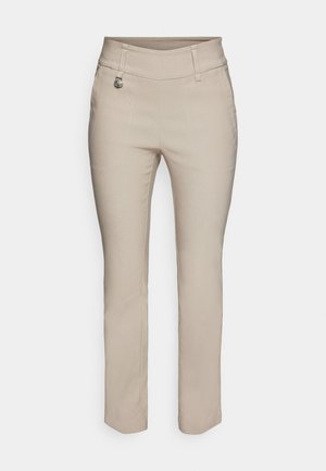 Beige szabott nadrág közepes derékkal, elülső zsebekkel és ezüst színű díszítéssel. Simaságú anyag, egyenes lábszárral.