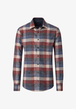 Plaid long-sleeve shirt made of fabric featuring red, blue, and cream squares. Button-down front and collar with contrasting buttons.