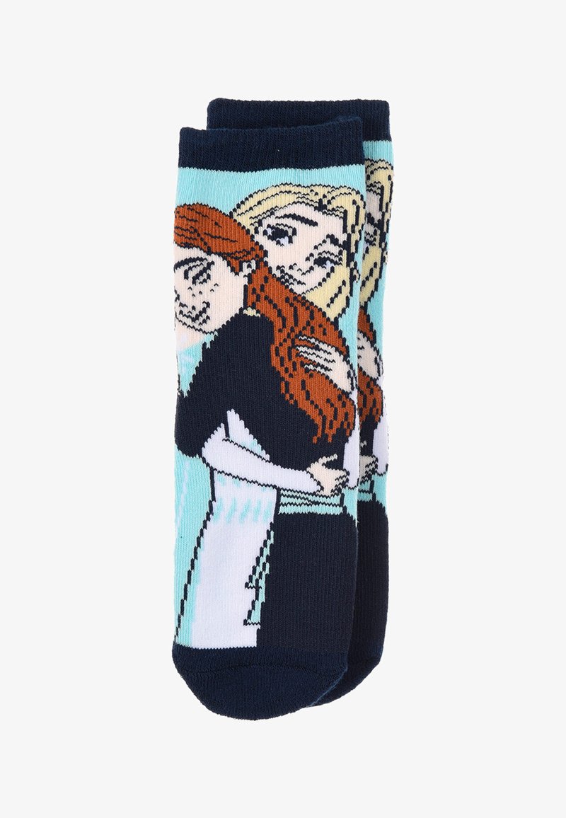 Calcetines de mezcla de algodón con un fondo azul y un diseño tejido de dos personajes con cabello rubio y pelirrojo, rodeados de detalles gráficos.
