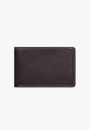 Dark brown textured leather wallet with white stitching and embossed Ricard logo on the bottom right corner.