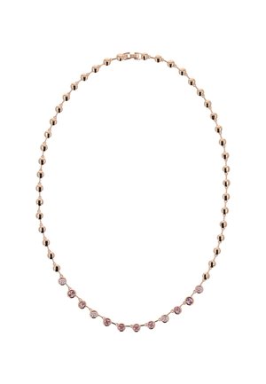 Roze gouden ketting met ronde kralen, afgewisseld met roze en heldere edelstenen aan de voorkant. Beveiligde sluiting aan de achterkant.