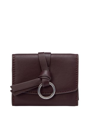 Small dark brown leather wallet with a front strap looped through a silver ring closure on a white background.