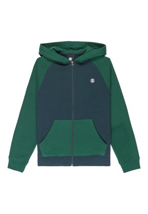 Grüne und marinefarbene Zip-Hoodie mit einer Kängurutasche, kontrastierenden Raglanärmeln und einem kleinen Logo auf der linken Brust. Weiches Baumwollmaterial.