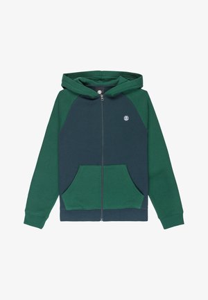 Felpa con zip verde e blu navy, dotata di tasca a marsupio, maniche raglan in contrasto e un piccolo logo sul lato sinistro del petto. Materiale in cotone morbido.