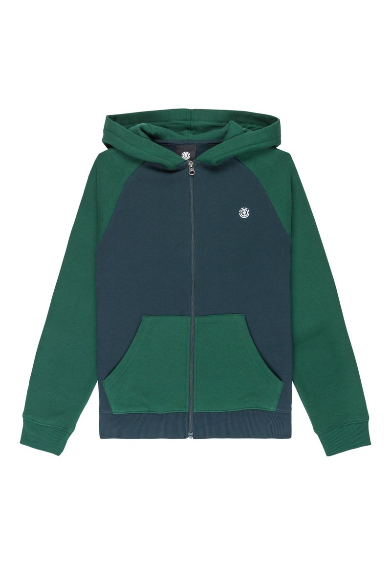 Felpa con zip verde e blu navy, dotata di tasca a marsupio, maniche raglan in contrasto e un piccolo logo sul lato sinistro del petto. Materiale in cotone morbido.