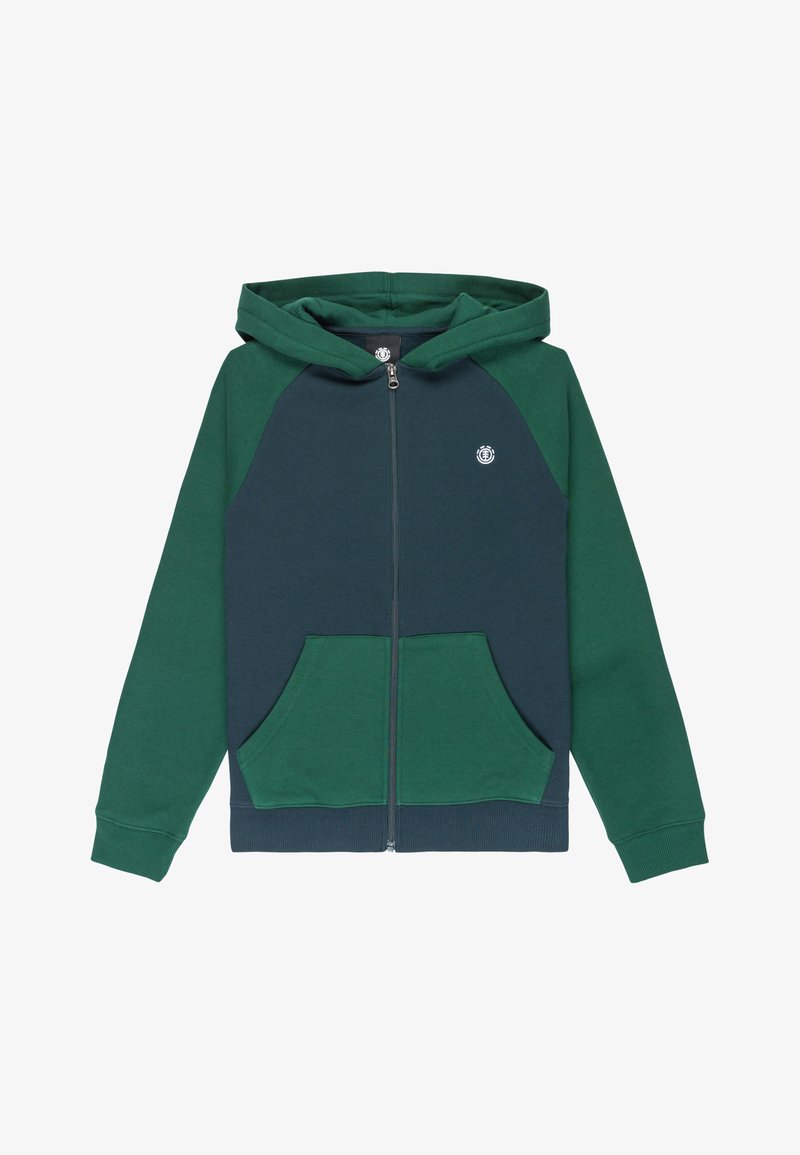 Zelená a námořnická mikina na zip s klokankou, kontrastní raglánové rukávy a malé logo na levém prsu. Měkký bavlněný materiál.