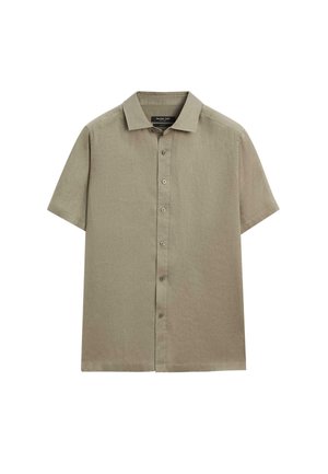Kurzärmliges Hemd zum Knöpfen in hellem Olivgrün mit klassischem Kragen und sichtbarem Markenlabel im Halsausschnitt.