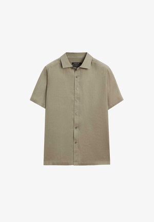 Kurzärmliges Hemd zum Knöpfen in hellem Olivgrün mit klassischem Kragen und sichtbarem Markenlabel im Halsausschnitt.