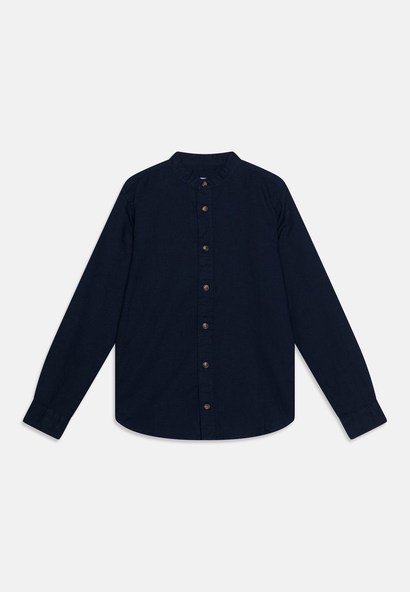 Chemise bleu marine à manches longues avec col officier, devant boutonné et poignets boutonnés, étalée à plat sur un fond blanc.