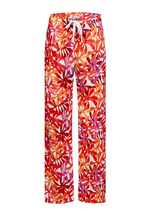 Strandhosen mit einem mehrfarbigen Blumenmuster in Rot-, Orange- und Rosatönen. Sie haben einen Kordelzugbund und ein weites Bein Design.