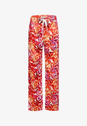Beach pants in a multicolored floral print featuring red, orange, and pink hues. They have a drawstring waist and wide-leg design.