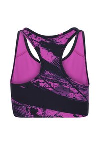Sport-bh i svart och livligt rosa med ett grafiskt mönster. Har en racerback-design och en mjuk textur. Justerbar passform för komfort.