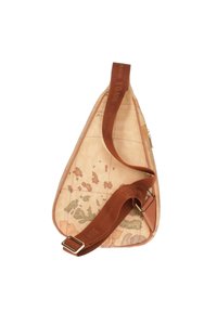 Borsa a tracolla color tan con design della mappa del mondo, tracolla regolabile marrone e chiusura a zip. Realizzata in materiale sintetico liscio con una leggera lucentezza.