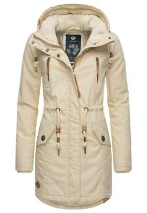 Light beige parka jacket with a textured, fur-lined hood, adjustable drawstrings, and two front pockets with bronze hardware accents.