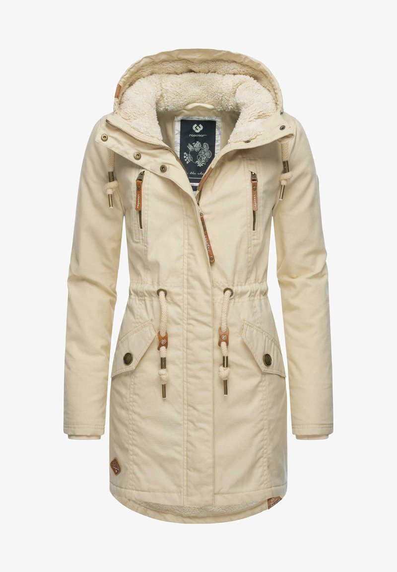 Svetlo bež parka jakna s teksturirano, krzneno podloženim kapućom, prilagodljivim vezicama i dve prednje žepe s brončanim akcentima.