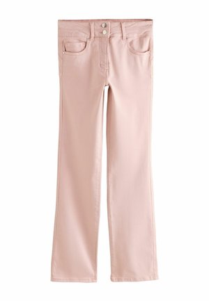 Jasnoróżowe jeansy o prostych nogawkach z przednimi i kieszenią na drobne monety, szlufkami na pasek i zapięciem na podwójny guzik.