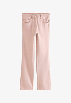 Jasnoróżowe jeansy o prostych nogawkach z przednimi i kieszenią na drobne monety, szlufkami na pasek i zapięciem na podwójny guzik.