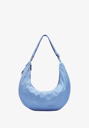 Jasnoniebieska torba hobo wykonana z miękkiego nylonu o zaokrąglonym kształcie, z regulowanym paskiem i zamknięciem na zamek. Posiada logo marki z boku.
