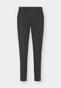 Pantaloni tailored grigio scuro realizzati in tessuto texture, dotati di chiusura con bottone e zip, passanti per cintura e un design slim fit.