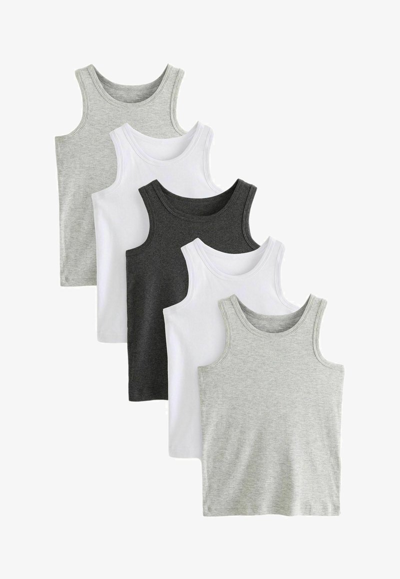Cinque canotte nei colori grigio, bianco e grigio scuro. Tessuto in cotone, scollature rotonde e senza motivi o dettagli visibili.