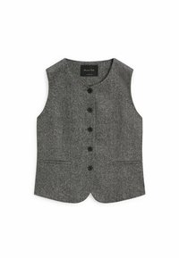 Harmaa villaliivi, jossa on pyöreä kaula-aukko, kuusi mustaa nappia edessä ja kaksi sivutaskua. Teksturoitu kangas hyvin istuvalla leikkauksella.